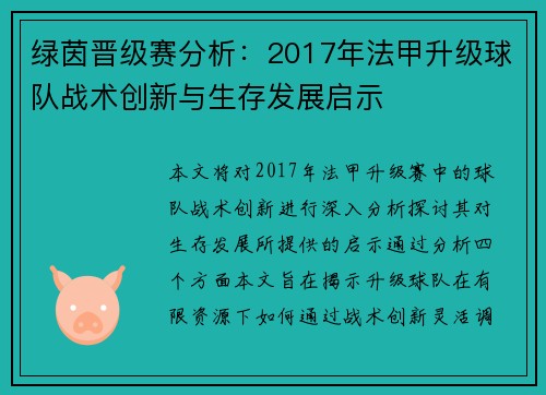 绿茵晋级赛分析：2017年法甲升级球队战术创新与生存发展启示